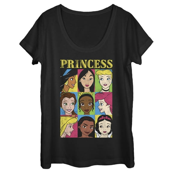 Women's Disney Princess Distressed Close-Up Poster Scoop Neck Black Medium