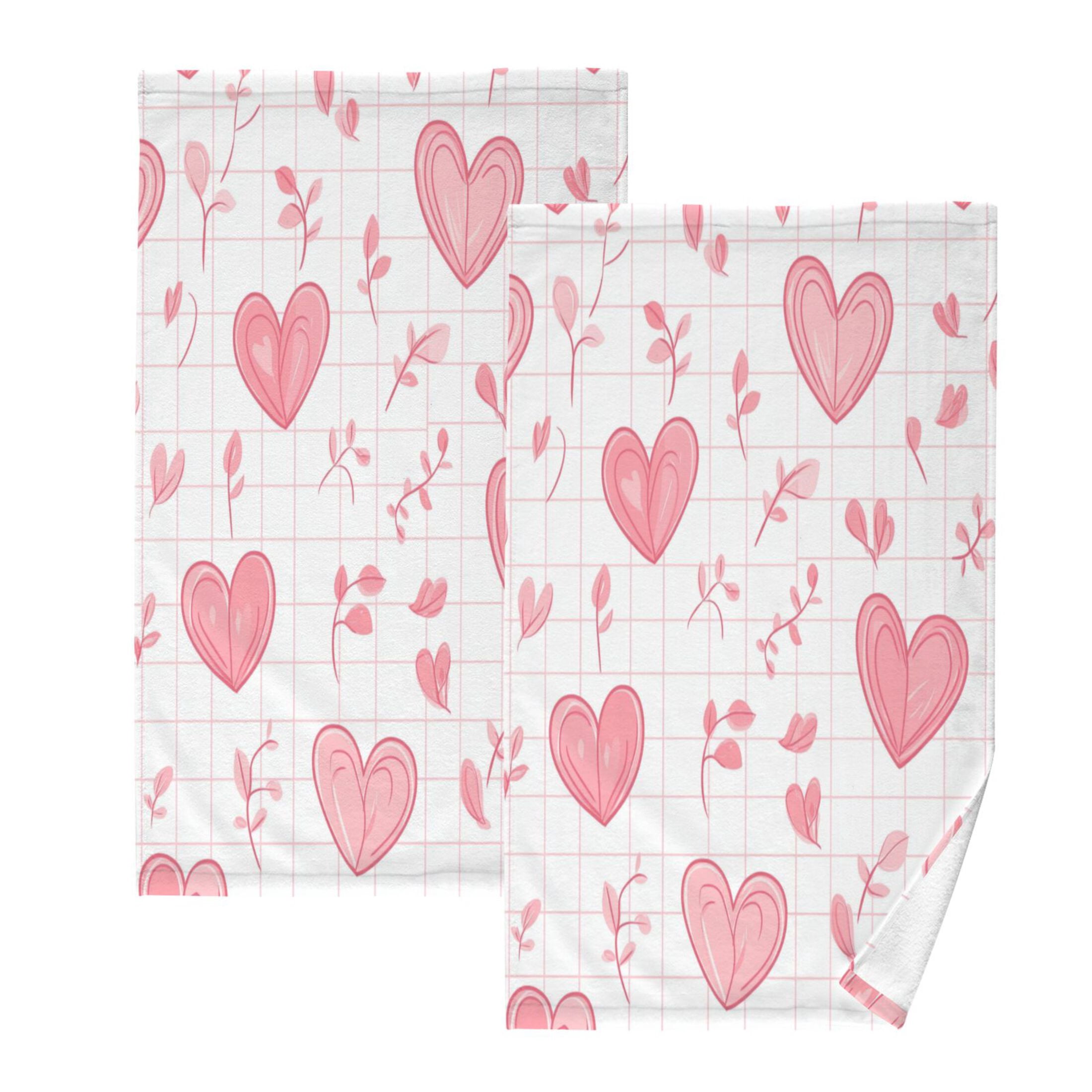 2 Pcs Absorbent Face Towel Bath Hand Towels Soft Breathable Cotton Towel Set for Bathroom Kitchen Hotel Spa Decor Pink Heart