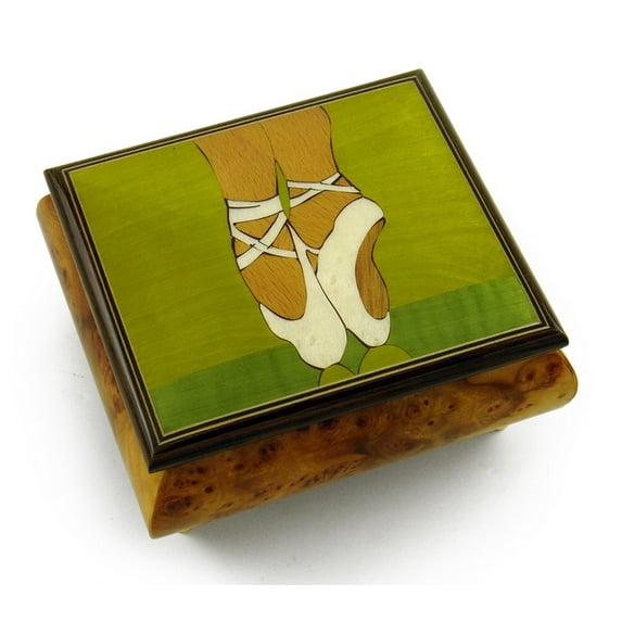 Graceful Ballerina's Pointe Shoes Wood Inlay Music Jewelry Box - French Can Can