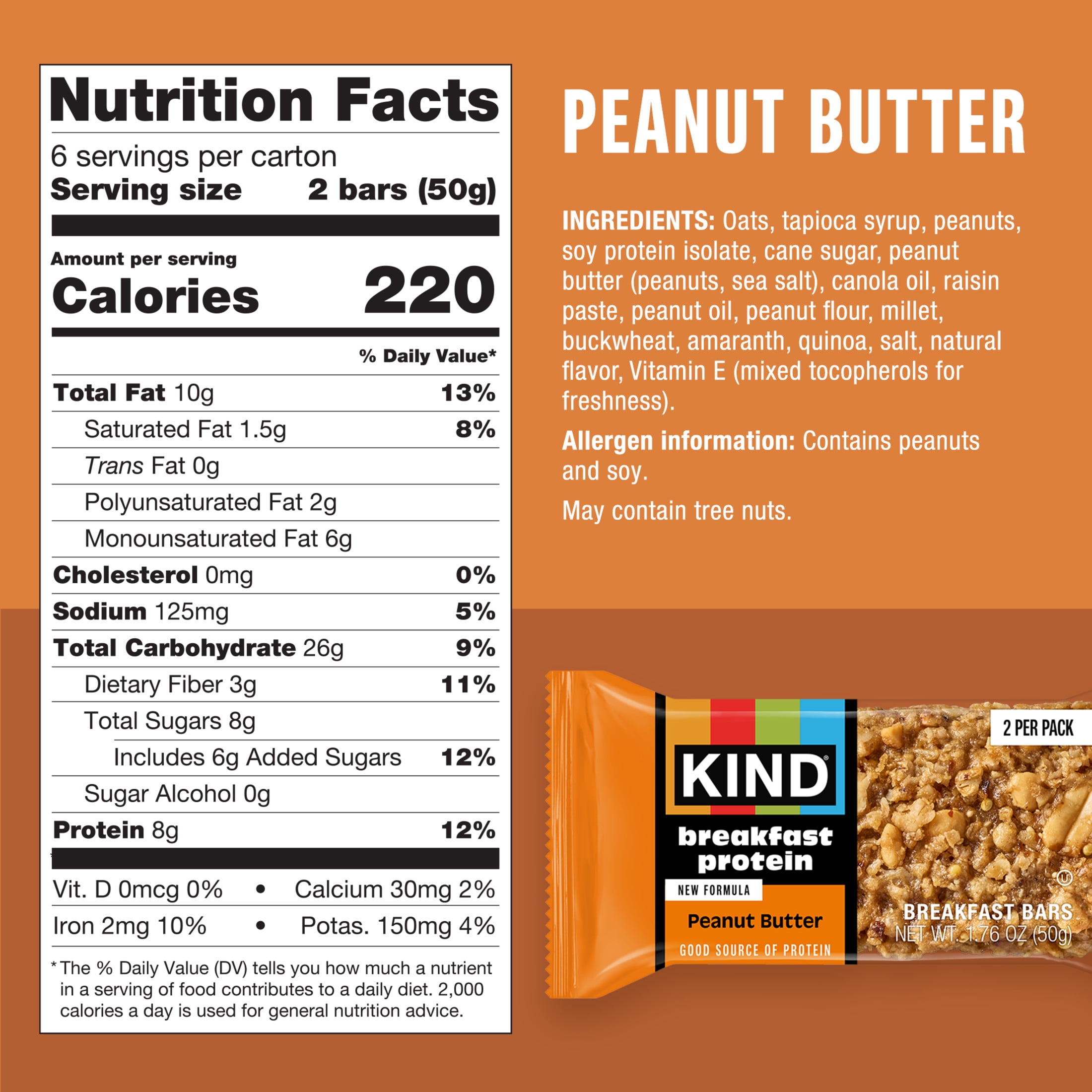 (5 pack) KIND Breakfast Protein Bars, Peanut Butter, Gluten Free, 8g Protein, 1.76 oz, 6 Packs