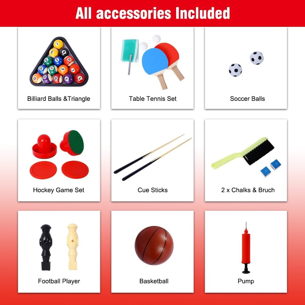 Acekid 5 in 1 Multi Game Table Combination Game Table Set with Foosball Table Pool Billiards Basketball Air Hockey Table Tennis Brown Red