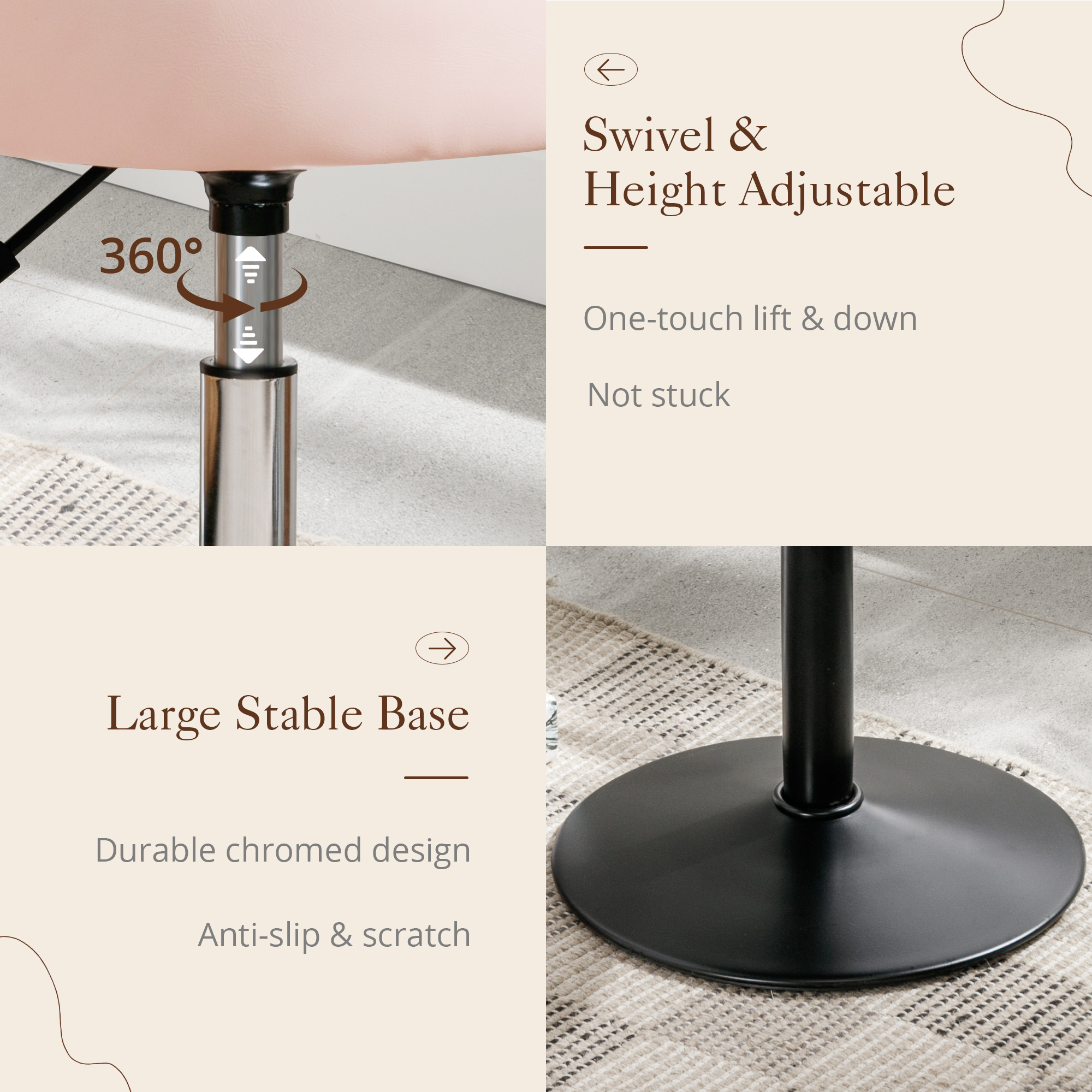 Dycanpo 360° Swivel Vanity Stool, Adjustable Height, Pink photo 4