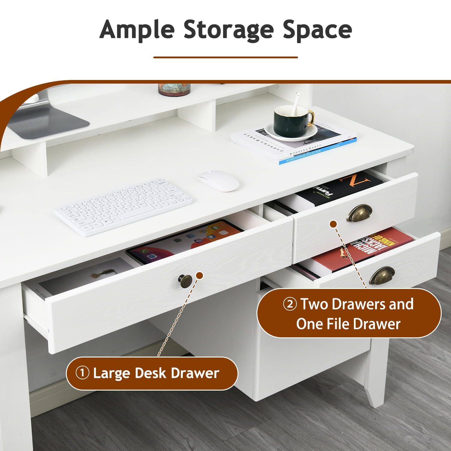 Catrimown Computer Desk with Drawers, 47.5 in White Desk with 4 Drawers, Home Office Desk with Monitor Stand, White