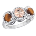 thumbnail image 1 of 14K White Gold Natural Morganite & Tiger Eye Sides Round 3-stone Ring Diamond Accents, size 9, 1 of 2