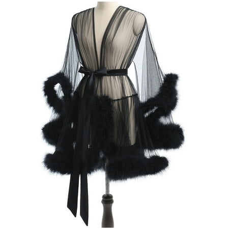 Fancifize Women Kimono Robe Sexy Sheer Mesh Furry Robe Lingerie Bridal Robes for Women Tulle Robe Bathrobe Nightgown
