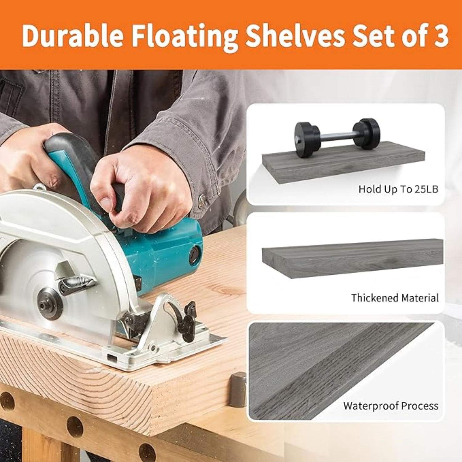 Floating Shelves for Wall Set of 3, 16" Gray Wall Shelves for Home Decor, Frame Display Floating Shelf for Living Room, Bedroom, Bathroom, Kitchen