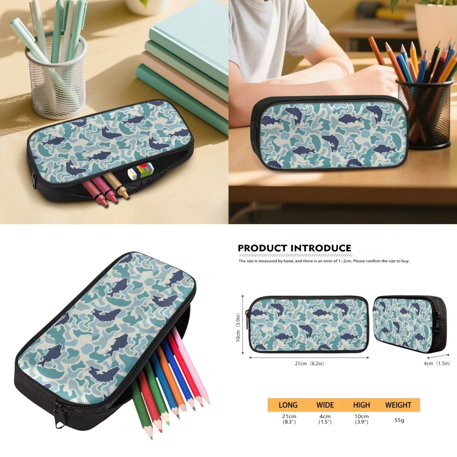 Pzuqiu Blue Fish Camo Lightweight 5 Piece Girls Backpack Set with Insulated Lunch Box Water Bottle Holder Pencil Case for Elementary Kindergarten Girls Ages 6-10 Daily School Use
