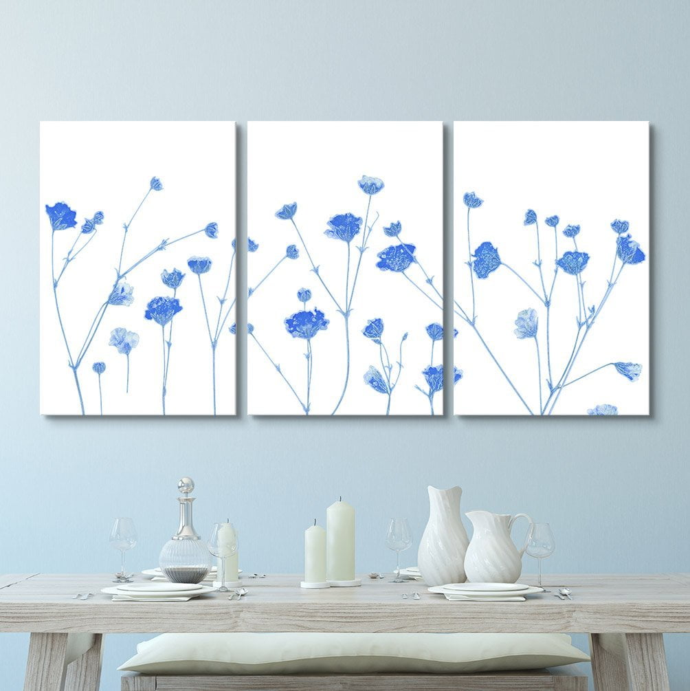 wall263 Panel Canvas Wall Art Small Blue Flowers on White Background