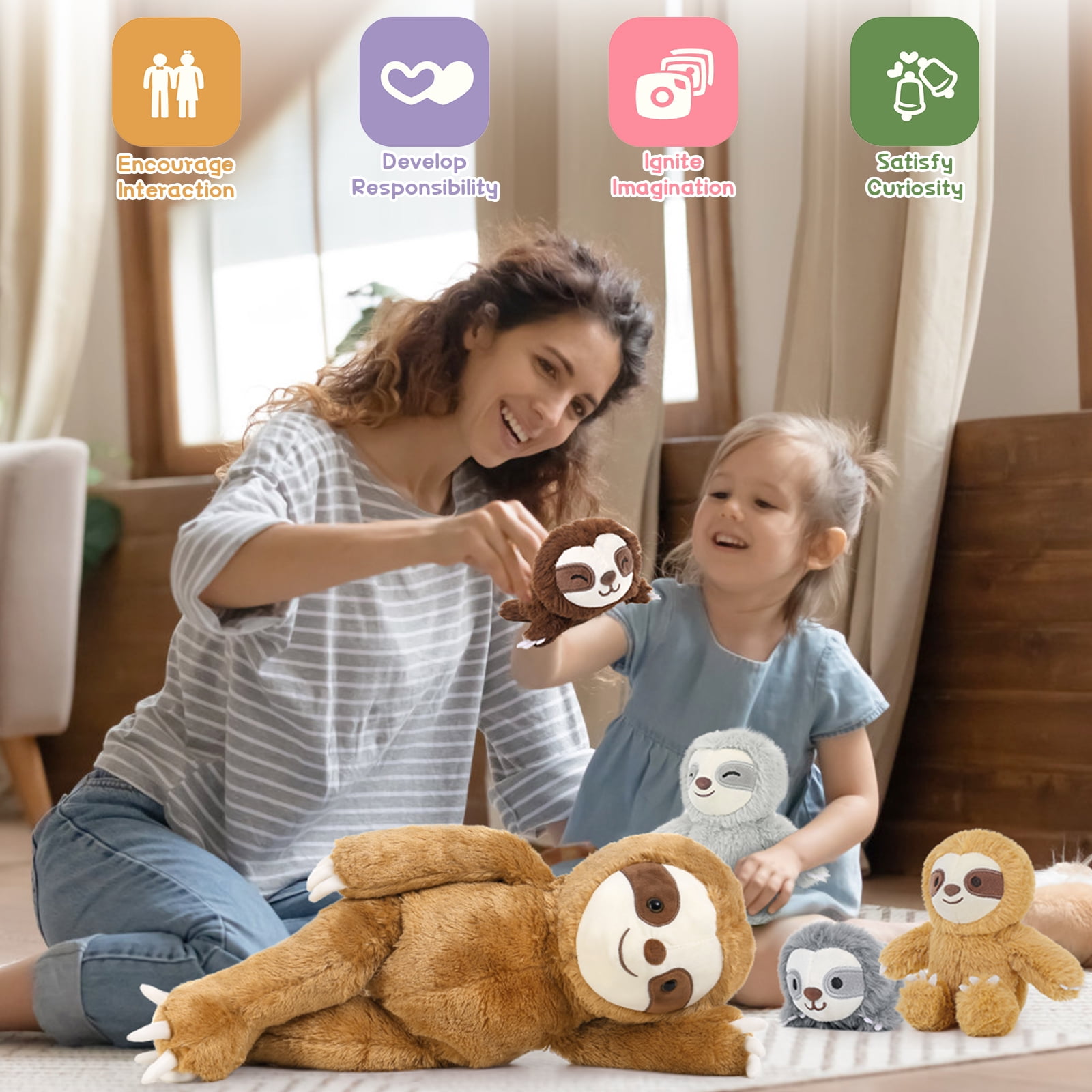 Muiteiur 5 Pcs Sloth Stuffed Animal 23'' Sloth Plush with 4 Babies Plush Toy