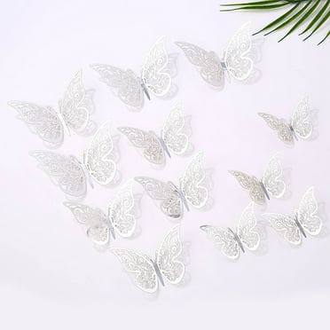 Splihome 12Pcs Hollow Three-Dimensional Butterflies Wall Stickers Home Bedroom Decoration Silver