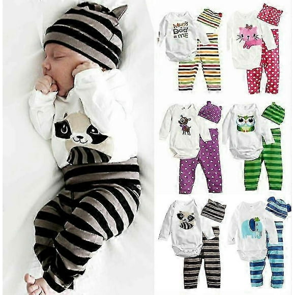 Newborn Toddler Baby Boys Girls Animal Print Romper Pants Hat Set Casual Outfit