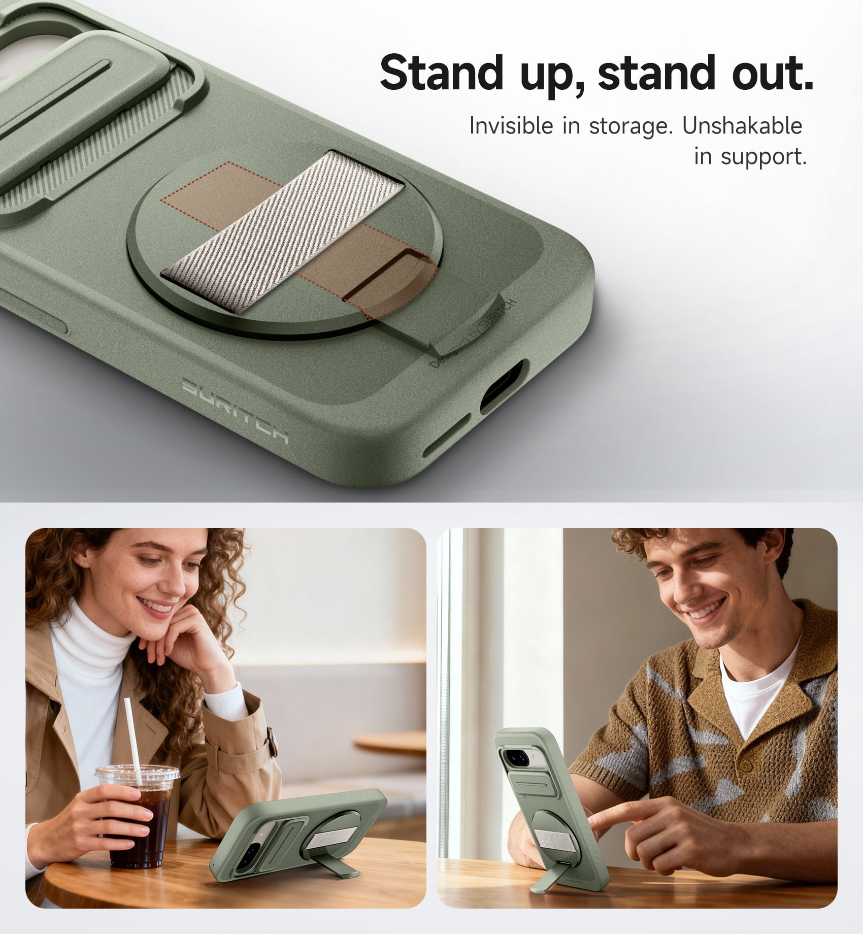 Suritch for Google Pixel 9a Phone Case with 360° Rotatable Hand Strap Grip Holder, Invisible Kickstand and Slide Camera Cover, Rugged Shockproof Protective Cover, Green