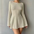 Weekeep Autumn Party Dress Solid Elegant Flared Full Sleeve Slim Knitted Mini A-line Dresses Women Clothing Korean Fashion LadyS Gao Jinjia LED