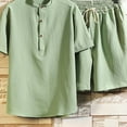 thumbnail image 4 of Virmaxy Mens Trendy Outfits 2-Piece Set Short Sleeve Cotton Linen Suit Plate Button Shorts Casual Solid Color Suit Two Piece Cotton Linen Short Sleeve V Neck Tops and Shorts Set Green M, 4 of 5
