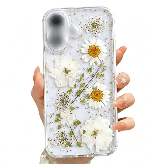 HBMYN for Iphone 16 Clear Case with Pressed Real Flowers Design,Glitter Cute White Floral Pattern Slim Soft Tpu Protective Women Girl’S Phone Cover for Iphone 16