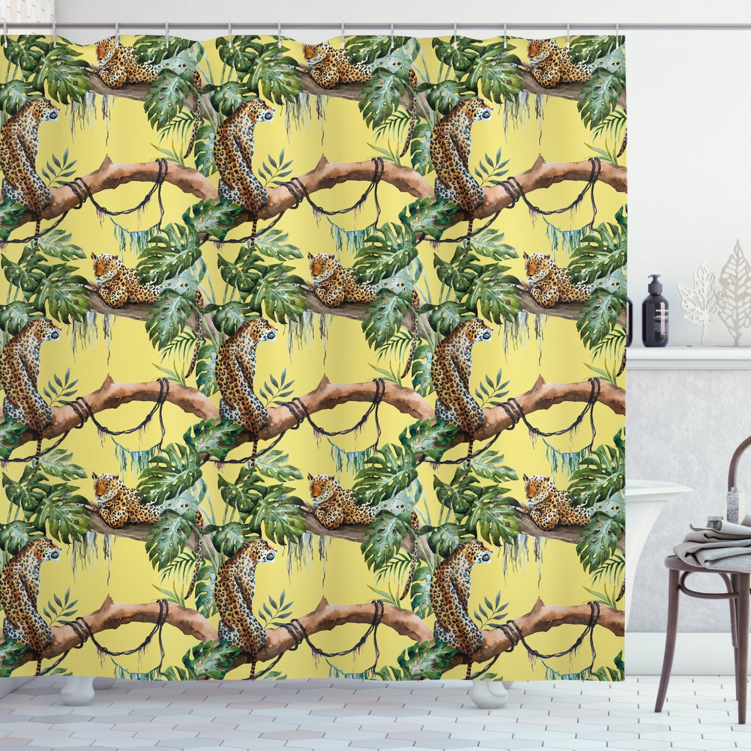 Watercolor Shower Curtain, Leopards in the Jungle Tropical Scene Tree