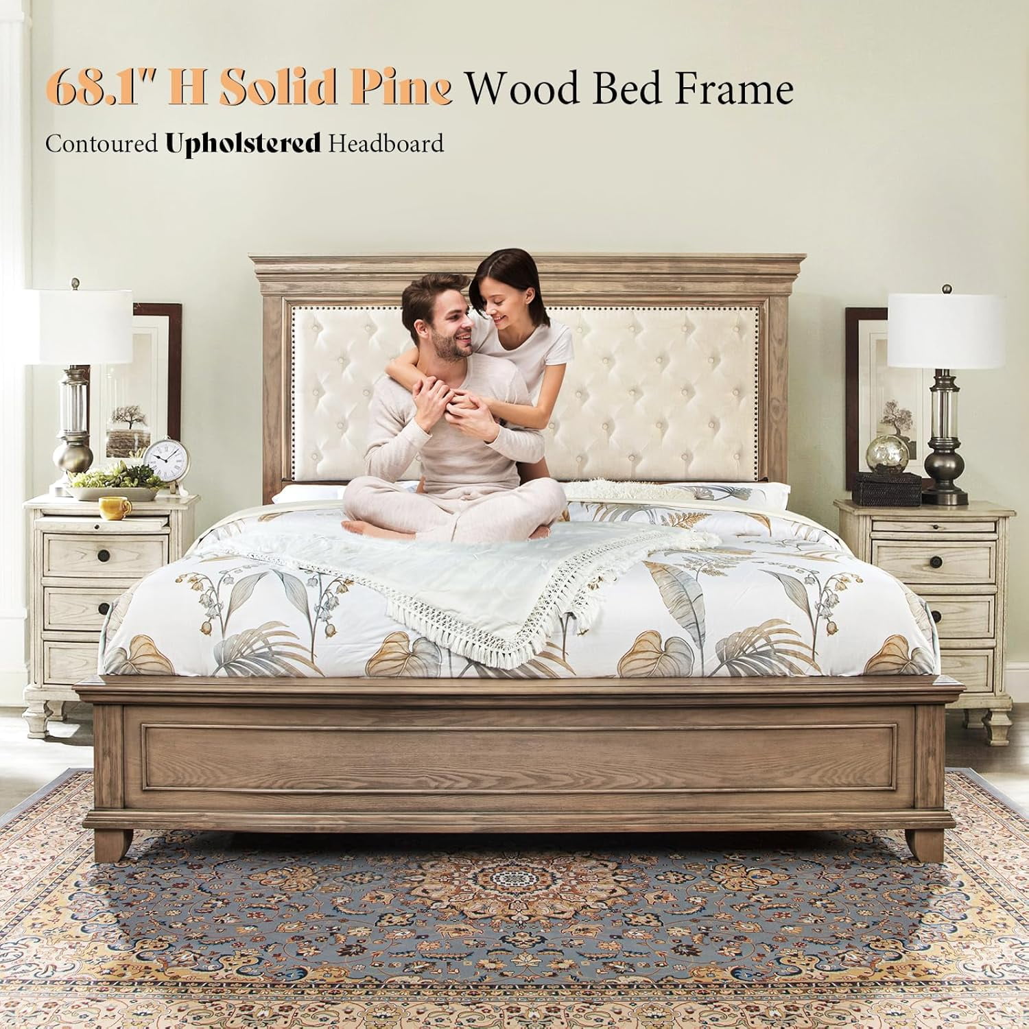 Merluxy 68.1" H King Size Bed Frame with Upholstered Headboard, Solid Wood Mid-Century Platform Bed, Architectural Design, Light Oak