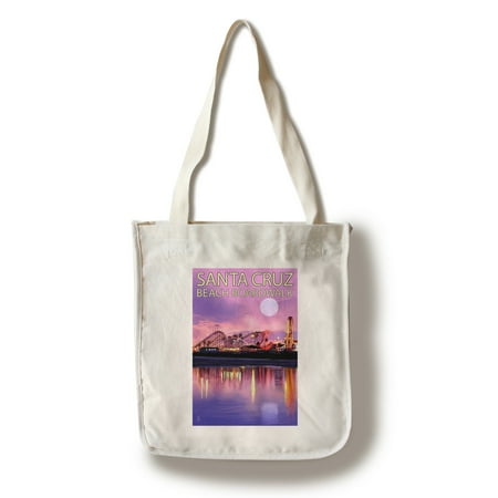 Santa Cruz, California - Beach Boardwalk & Moon at Twilight - Lantern Press Artwork (100% Cotton Tote Bag - (Best Beaches Around Santa Cruz)