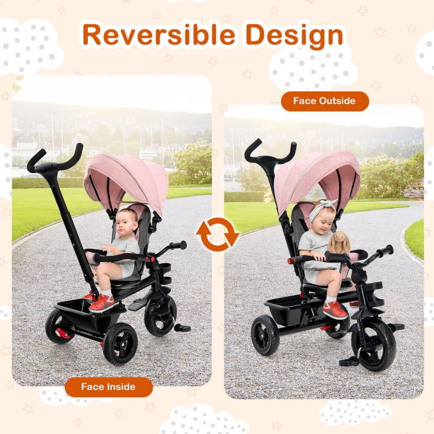 Resenkos 4-in-1 Baby Tricycle Toddler Trike with Convertible Seat-Pink, Infant Stroller for Infant & Toddler