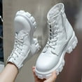thumbnail image 4 of Viluyesy Womens Combat Booties, Thick Sole Lace Up Zipper Leather Fashion Mid Calf Moto Boots White US7, 4 of 9