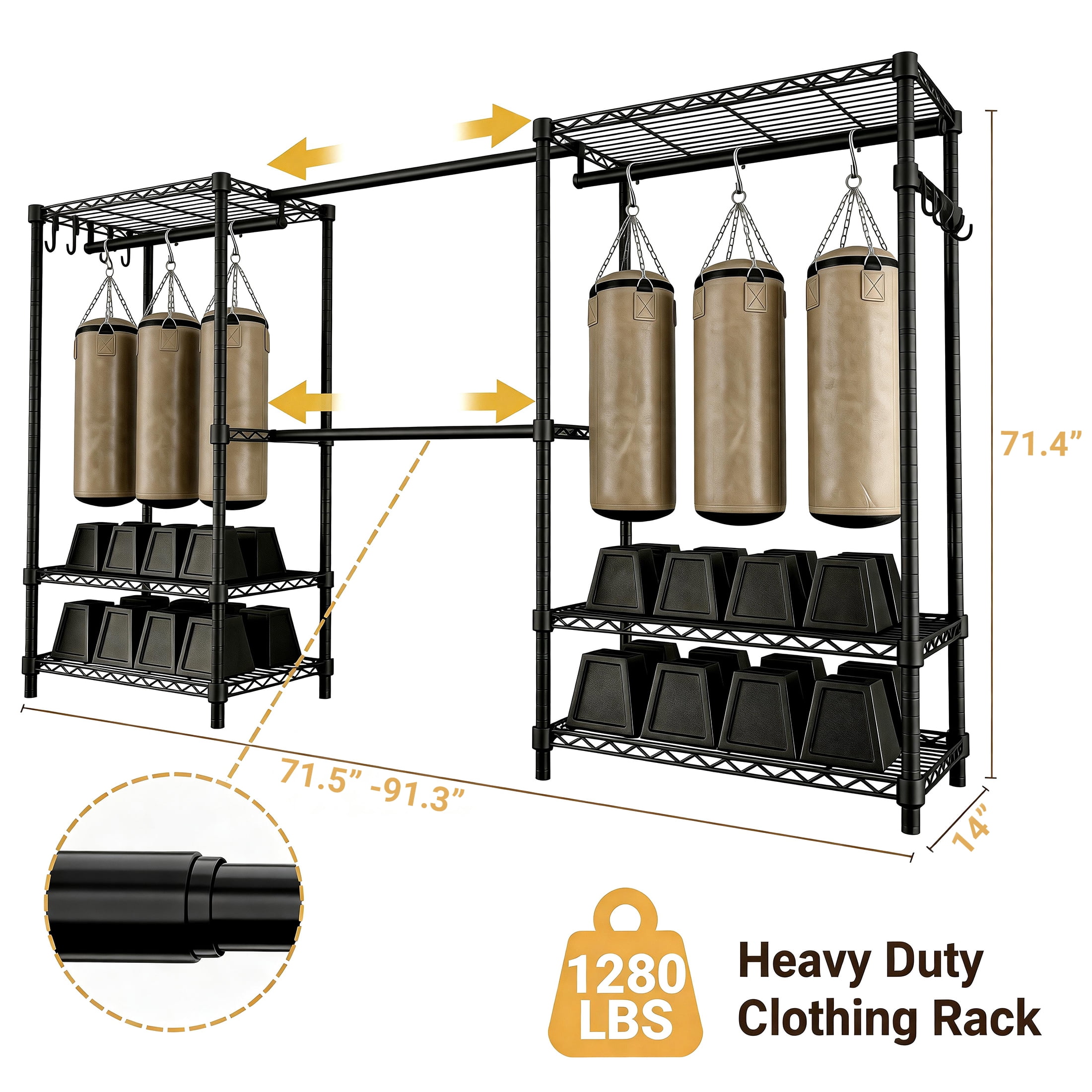 TrumanPick 71.5"-91.3" W Extendable Clothes Rack with Wire Shelves, Heavy Duty Clothes Storage System, Freestanding Clothing Rack for Hanging Clothes Load 1280lbs, Black
