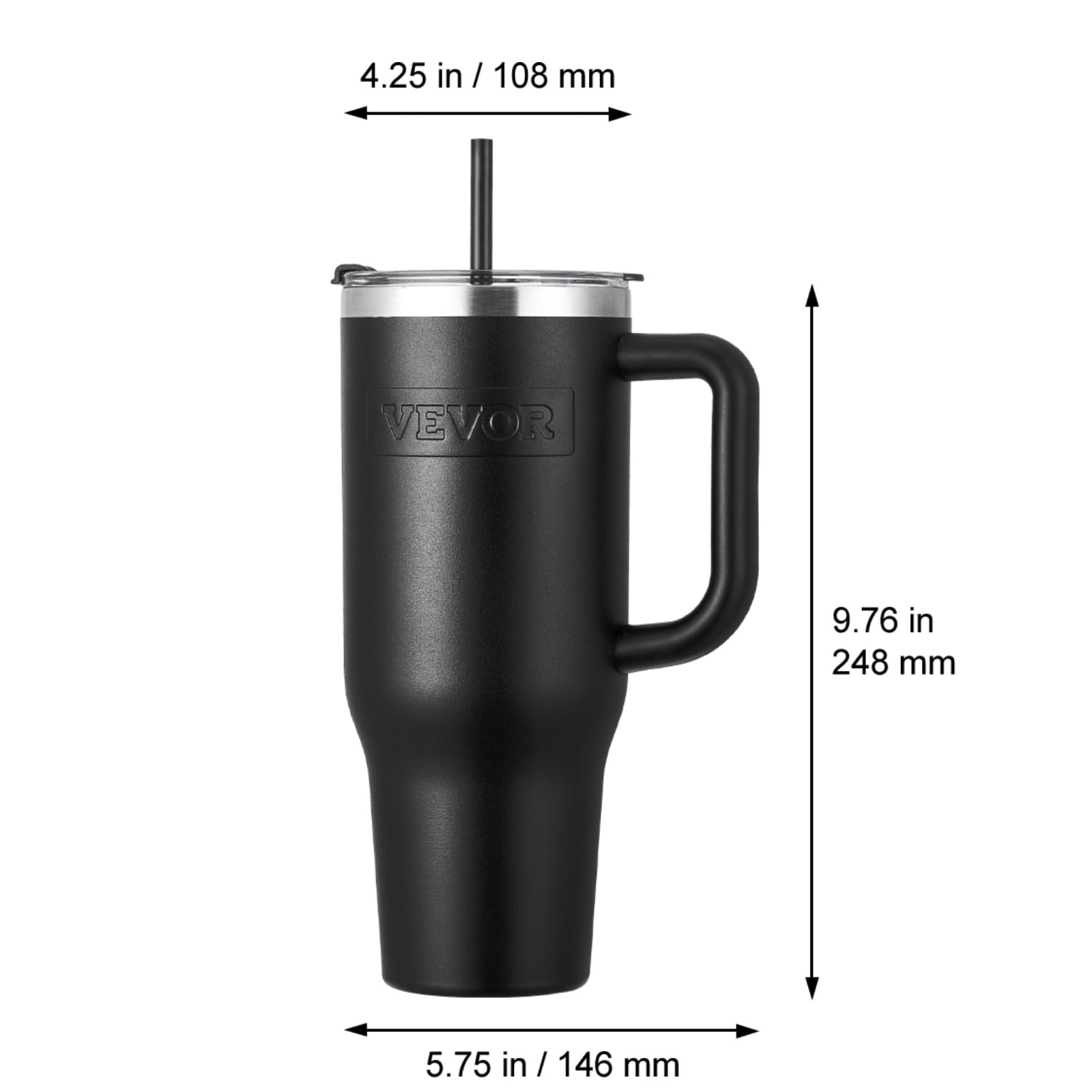 VEVOR 40 oz Insulated Water Bottle, Stainless Steel Sports Coffee Cup with Lid, Handheld Travel Coffee Mug Double Walled, Camping Hydration Flask Leakproof, for Indoor/Outdoor School, Work, Black