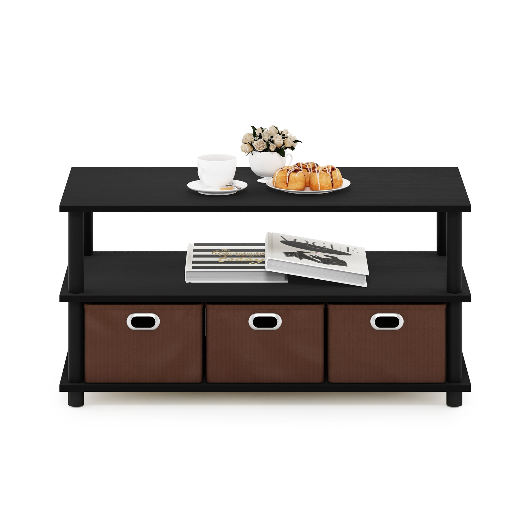 Furinno Contemporary Rectangular Wood Coffee Table with Storage, Black Oak/Brown