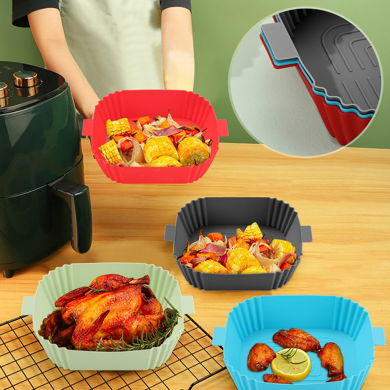 Air Fryer Silicone Pot Thick Reusable Silicone Square Air Fryer Liners  Replacement of Parchment Liner Paper Air Fryer Basket - AliExpress