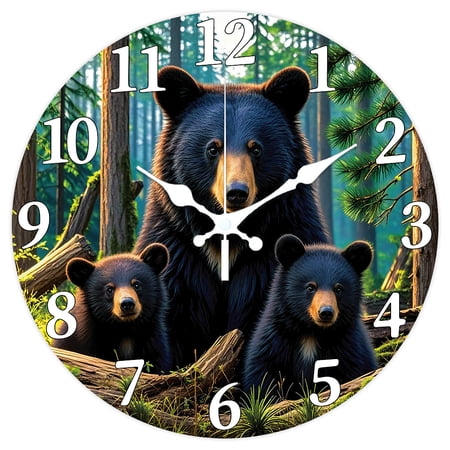 Forest Wall Clock 12 Inch Black Bear Clock Battery Operated Silent Non Ticking Dead Wood Round Decorative Clocks for Home Office Decoration