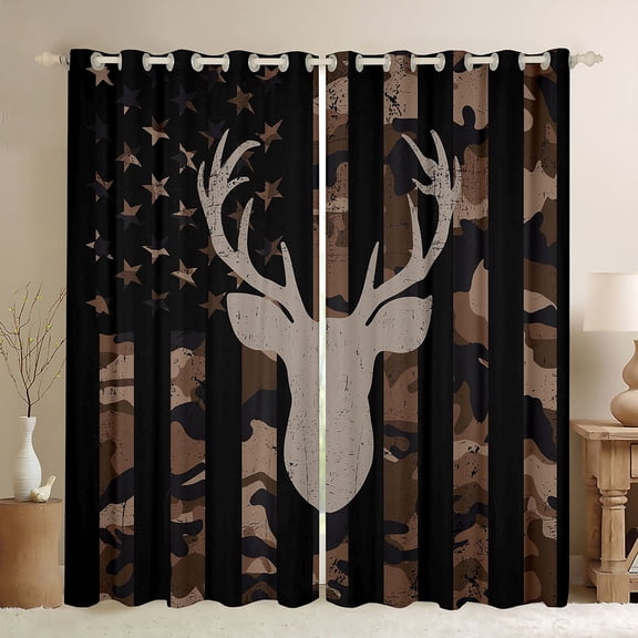 jejeloiu Vintage Deer Skull Black Out Curtains,Rustic American Flag Curtains Pack of 2 (42x63 Each),Camo Camouflage Print Bedroom Curtains For Teens,Ultra Soft Home Decor