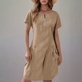 thumbnail image 3 of Tshirt Dress Women Cotton Linen Short Sleeve Crewneck Quarter Zip Midi Dress Casual Summer Dress with Pockets, 3 of 5