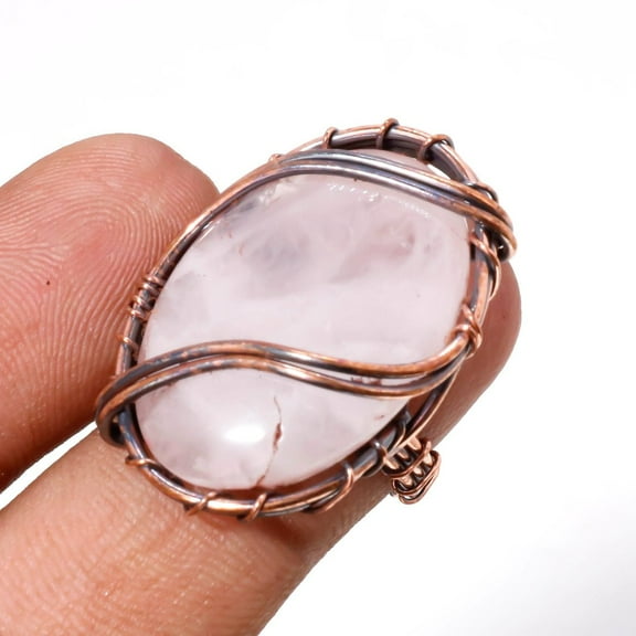 Rose Quartz Gemstone Copper Ring Handcrafted Wire Wrap Beautiful Jewelry 5.5"
