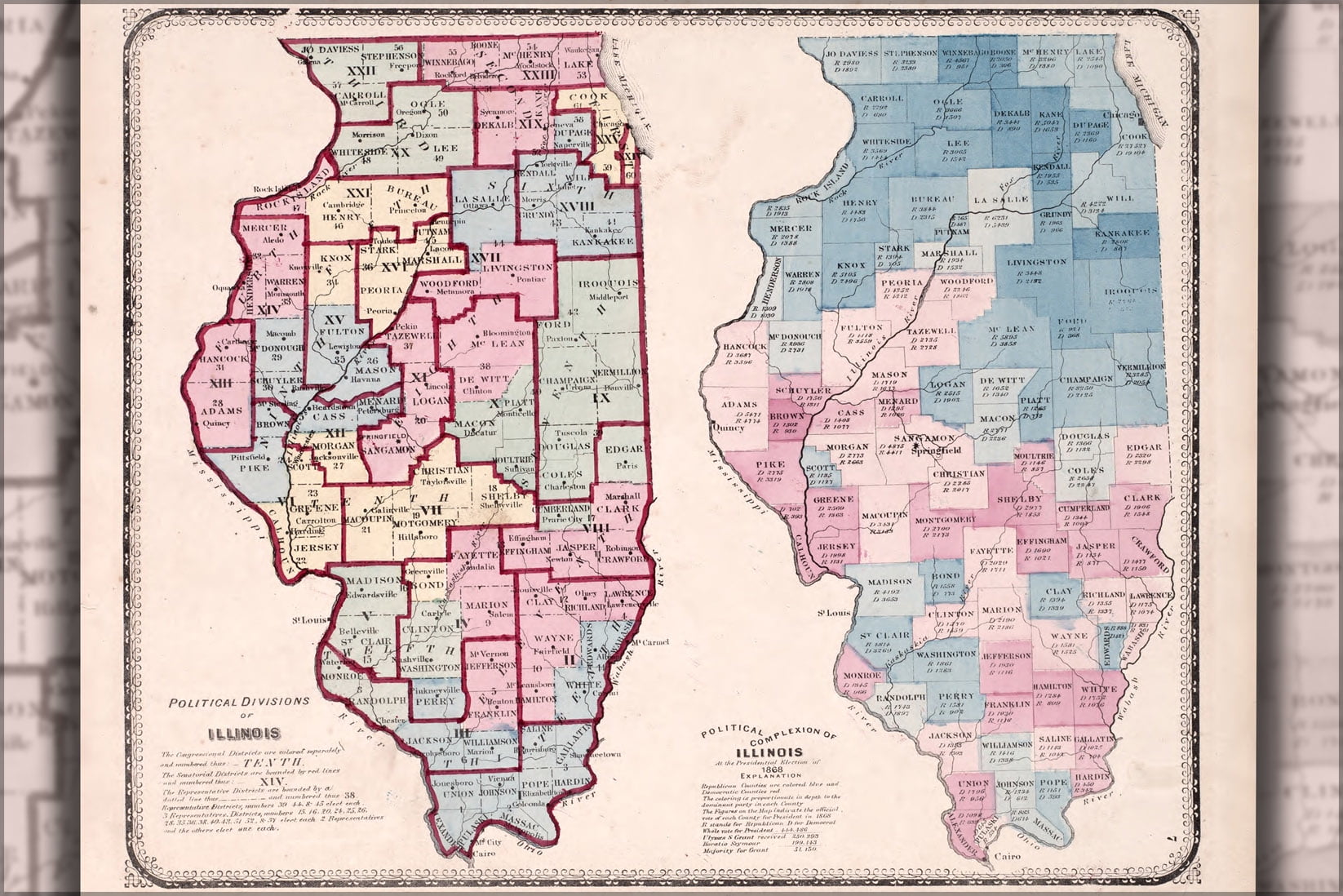 24 x36 Gallery Poster Map Of The Political Divisions Of Illinois 1870 24-x36-gallery-poster-map-of-the-political-divisions-of-illinois-1870