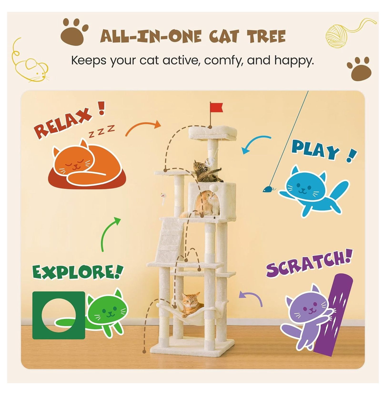 Cat Tree 63.8 inches, Multi-Level Tower for Large Cats, Sisal Scratching Posts, Hammock & Condo, Stable Pet Play House - Beige