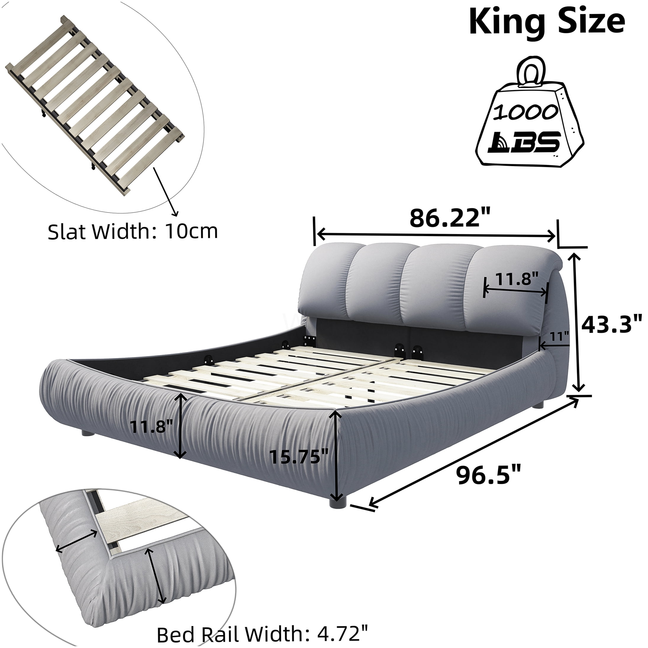 King Size Upholstered Bed Frame with Headboard, Grey Fabric Platform Bed, No Box Spring Needed, Heavy Duty Support