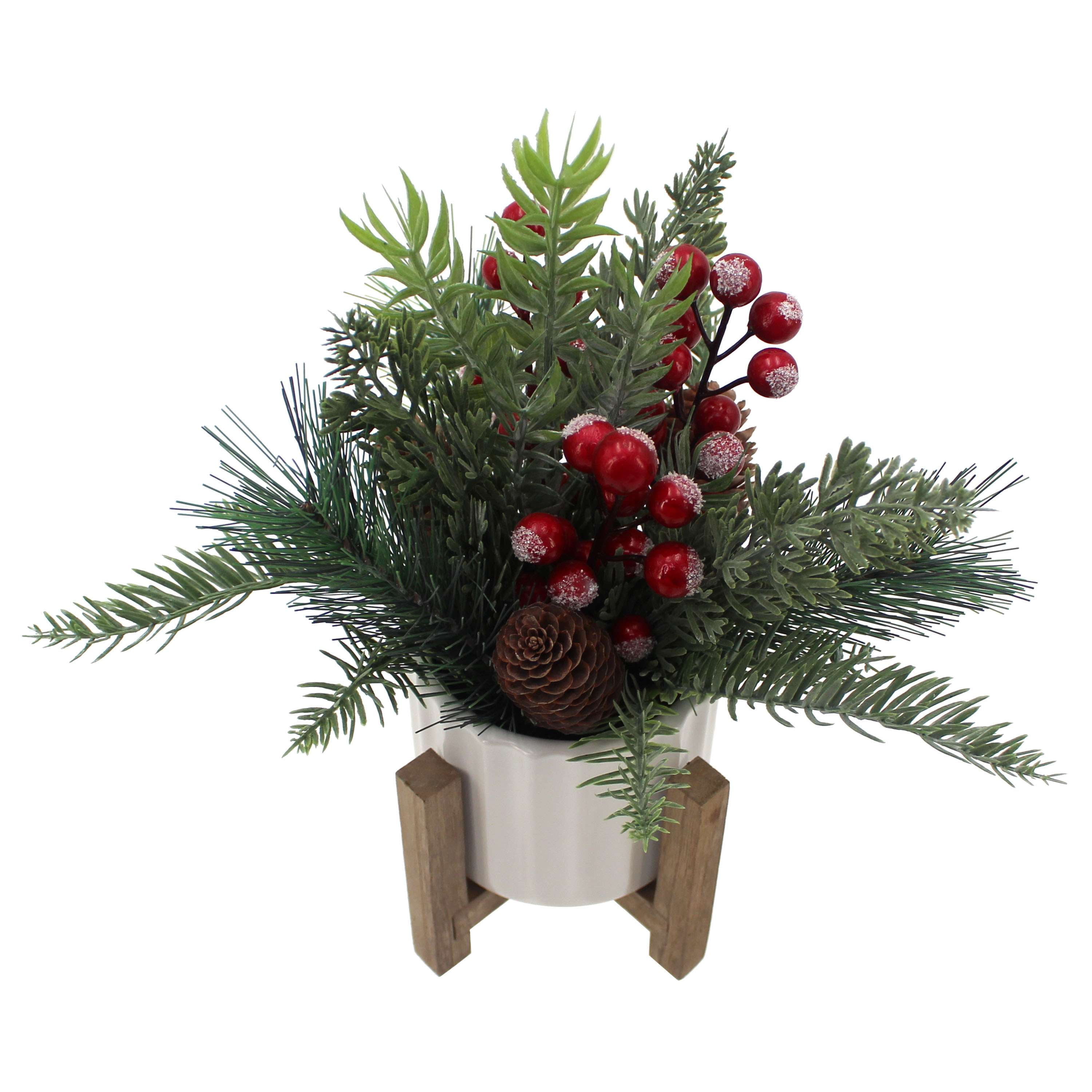 Mainstays 11" Decorative Tabletop Christmas Artificial Tree with Red Berries & Pine in White Ribbed Ceramic Planter on Wooden Stand