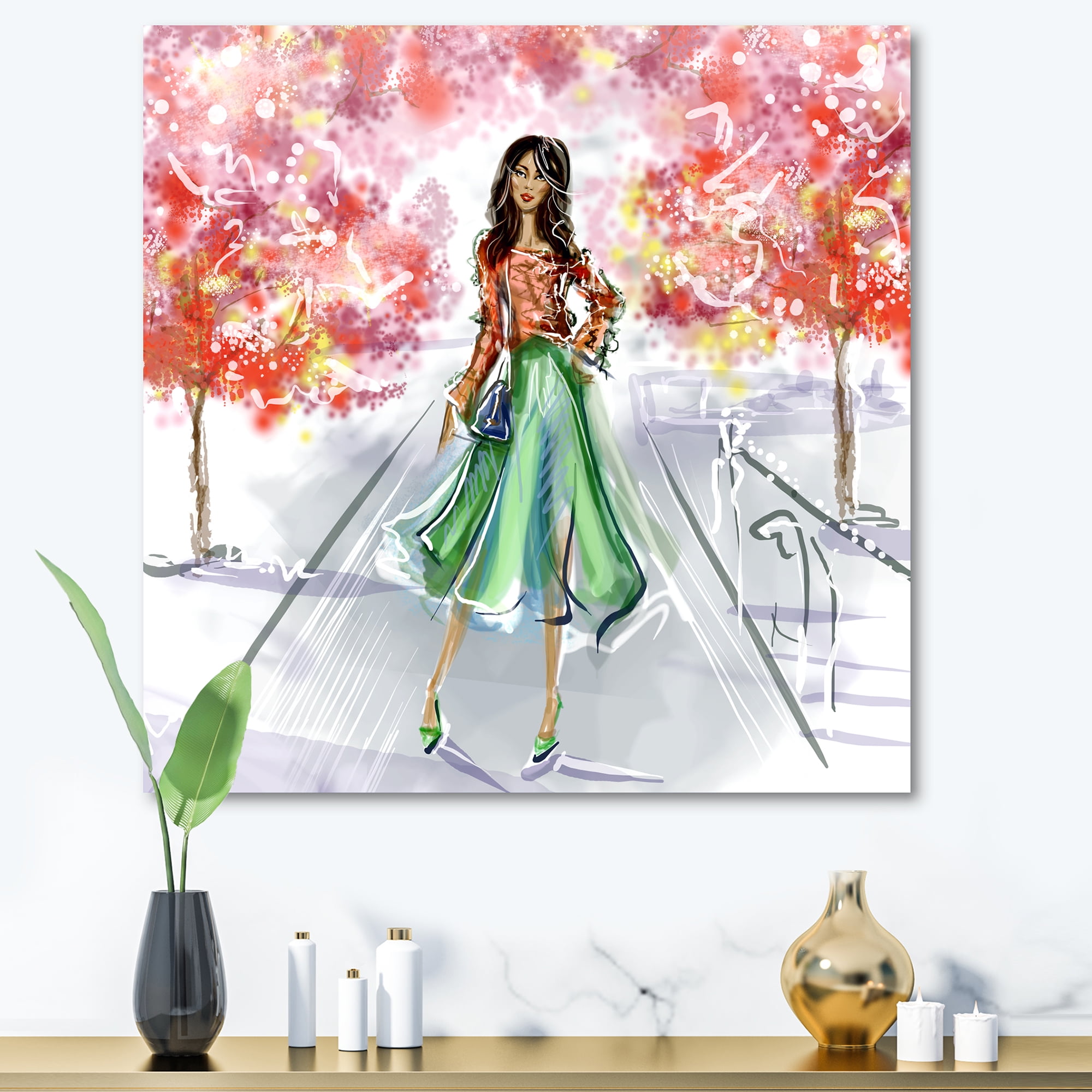 Designart ' Beautiful Woman Wearing Fashionable Clothes In Park ' Traditional Canvas Wall Art Print