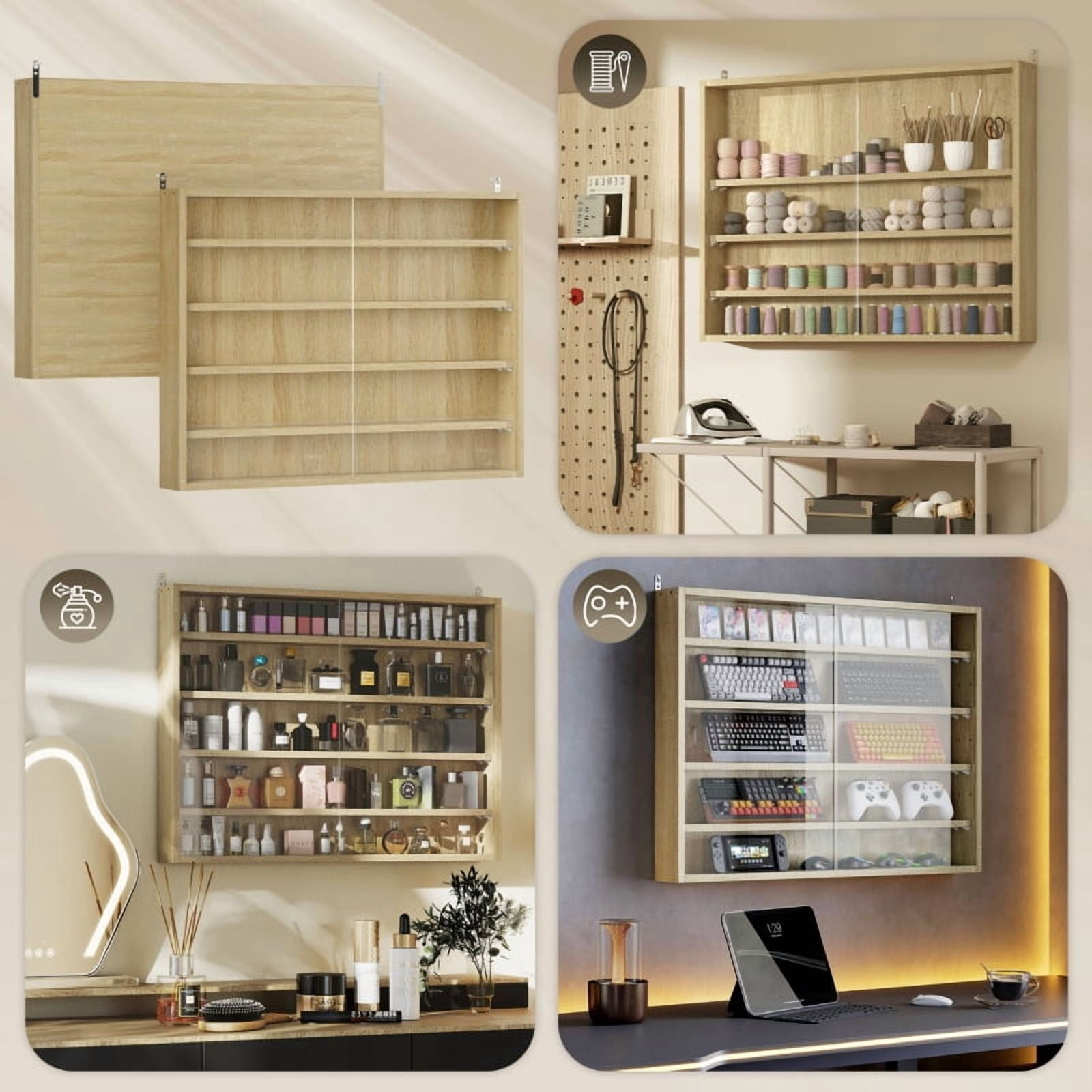 Alvantor in 5-Tier Wall Display Storage Cabinet with Glass Doors & Adjustable Shelves 23.6"x31.5"x3.7" Oak