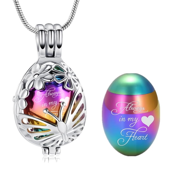 Always in My Heart Sunflowers Butterfly w/ Hollow Urn Pendant Cremation Jewelry for Ashes Holder Memory Necklace Liquid Hair Memorial Jewelry