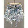 thumbnail image 5 of Summer Elegant Shorts Lady Tassel Beading High Waist Wide Leg Denim Shorts Female Casual Solid Shorts Jeans for Women Clothing, 5 of 7