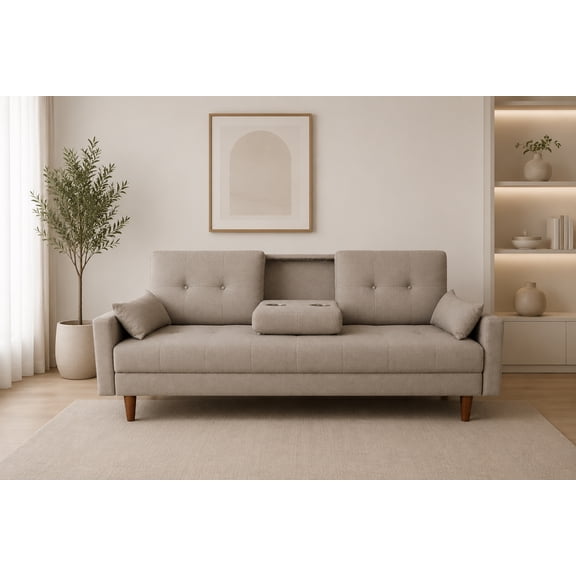 Sofá Cama Reclinable El Bazar Store Cancún Lino Beige Brazos Separados Respaldo Abatible