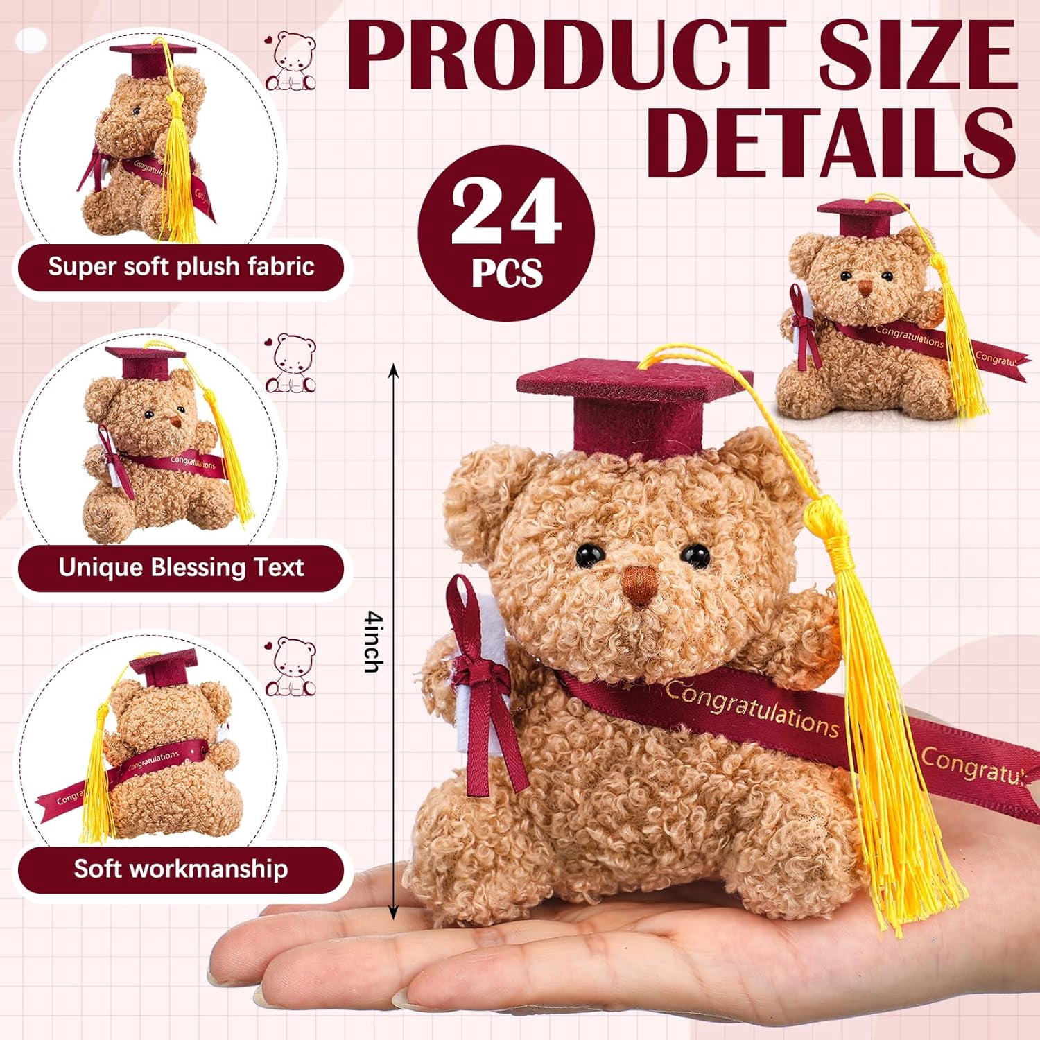Guvpev 4" Mini Graduation Bears Bulk Set of 24, Class of 2026 Small Stuffed Animals with Red Cap and Diploma, Tiny Plush Teddy Bear for Graduation Bouquet DIY, Prom Party Decor & Congrats Grad Gifts