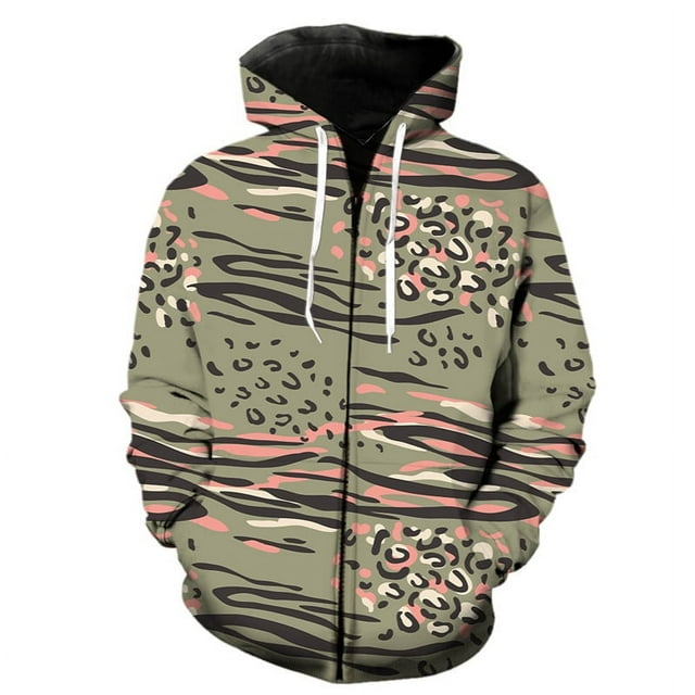 Sudadera con capucha de manga larga para hombre, estilo Harajuku, con estampado de leopardo en 3D y cremallera, estilo urbano