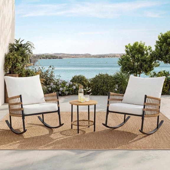 Orithm 3‑Piece Outdoor Patio Rocking Chair Set, PE Wicker Furniture with Thick Cushions, 2‑Tier Coffee Table for Porch Backyard, Beige