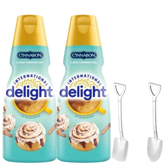 Candy Freezer Int'l Delight Shelf-stable Non-dairy Liquid Coffee Creamer.- Pack of Two (2) 32 fl oz Bottles (Cinnabon Classic Cinnamon Roll) with Shovel Spoon