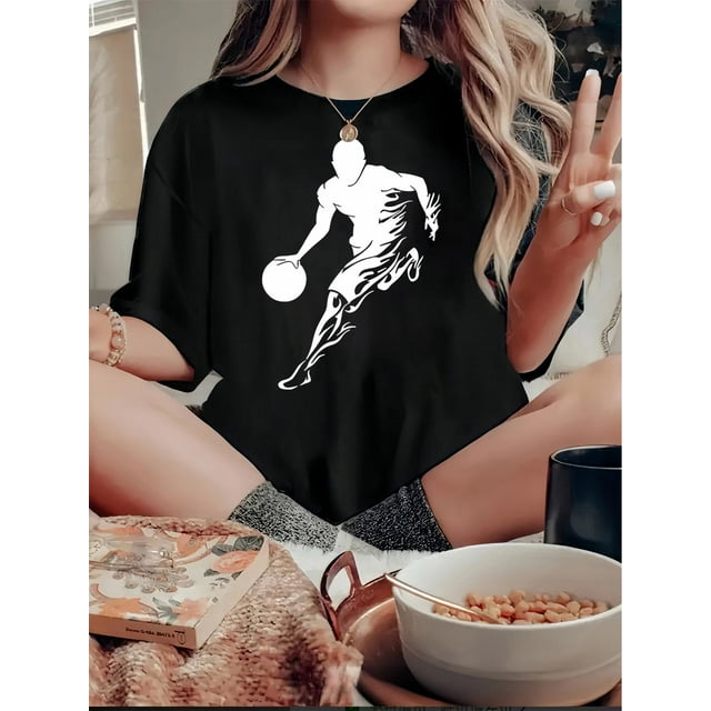 Camiseta de Mujer de Verano BásicaWomen's Fashion Basketball Flame Graphic Tee - Casual Crew Neck Short Sleeve, Stretchy Polyester Blend, Machine Washable - Perfect for SummerFather's Day, Mother's