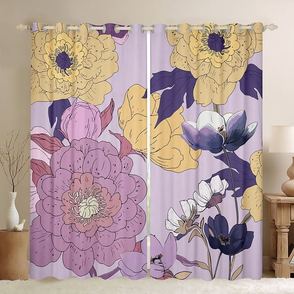 Homewish Purple Flowers Black Out Curtains For Teens Female Girls,Spring Garden Curtains Pack of 2 (42x63 Each),Exotic Style Floral Bedroom Curtains,Lightweight Room Decor
