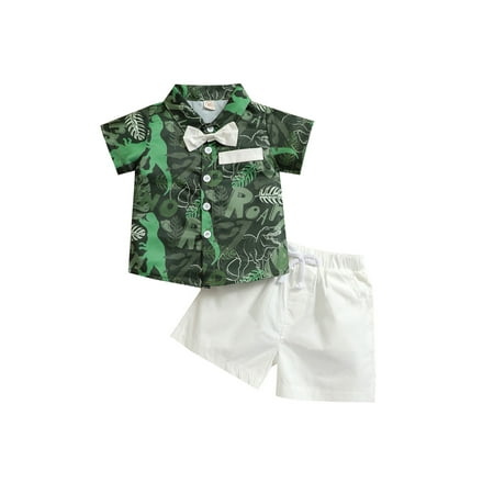 

EYIIYE Baby Boy Summer Gentlemen Set Dinosaur Print Short Sleeve Button Down Shirt Tops Solid Color Shorts 6 Months-4 Years