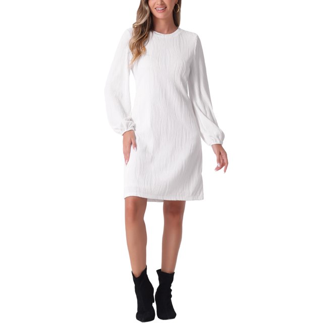 INSPIRE CHIC Vestido Elegante de Manga Larga para Mujeres Invitadas de Boda Cuello Redondo Vestidos Sólidos M Blanco