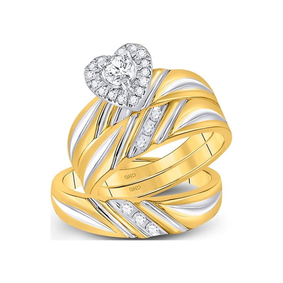 FB Jewels 10kt Yellow Gold His & Hers Round Diamond Heart Matching Bridal Wedding Ring Band Set 3/8 Cttw